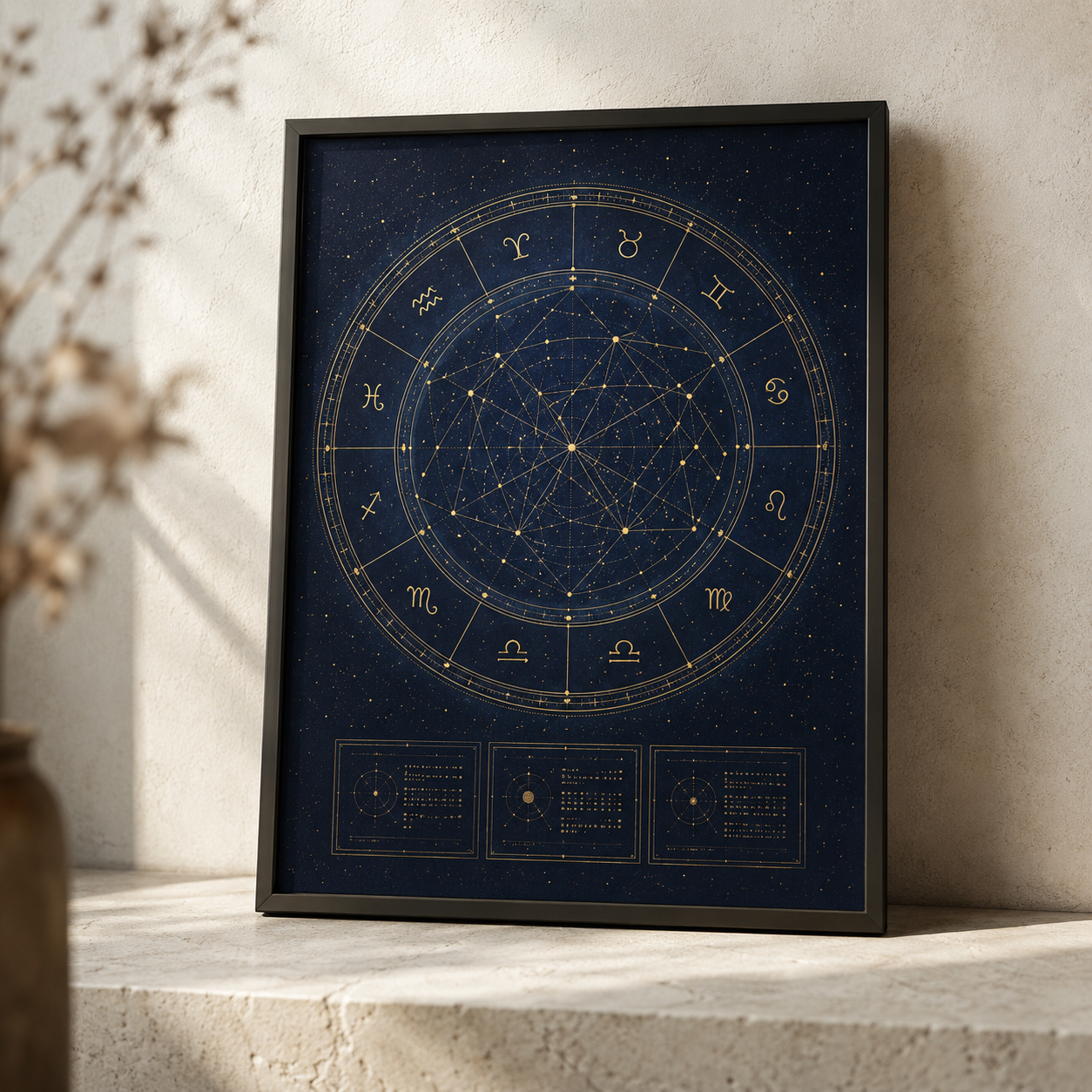 A framed navy and gold birth chart poster on a dark wall